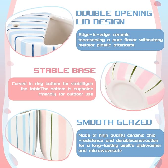2 Pack Ceramic Mug with Sip Hole 10 oz Stripes Pattern Espresso Cup Coffee Mug Hand Painted Ceramic Cup Pink and Blue Heat Resistant Non Slip with Built in One Lid Handcraft Gift