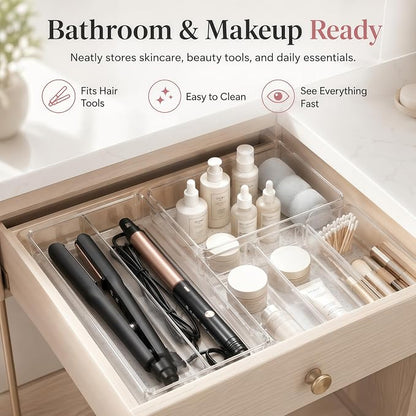 12 Pack Large Drawer Organizer Bins - Clear Plastic Bathroom Drawer Organizer Trays - Heavy Duty Kitchen Drawer Dividers for Utensils - Non-Slip Storage Bins for Makeup, Bedroom, Office Desk