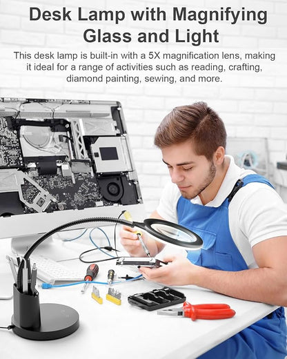 Sailstar Magnifying Glass with Light, 5X Magnifying Lamp, 3 Color Modes Lighted Magnifying Glass, LED Desk Lamp, Pen Holder, Flexible, 800LM, CRI 90, Magnifier with Light for Crafts Close Work, Black