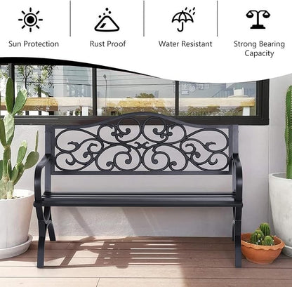 Sophia & William 50" Outdoor Garden Bench Patio Park Bench, Cast Iron Metal Frame Furniture with Floral Design Backrest for Porch Yard Lawn Deck, Black