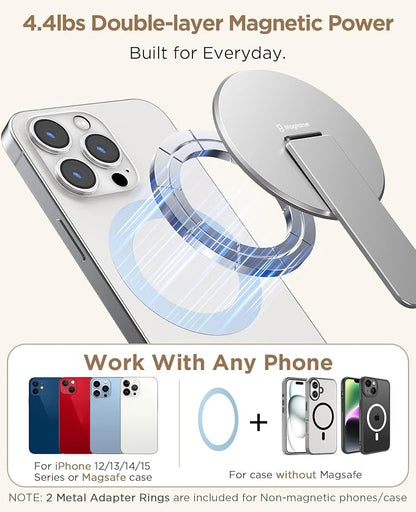 Magnetic Phone Stand Grip for Magsafe, Utral-Thin Snap-on Phone Kickstand, Holder & Grip, Foldable & Adjustable for Hands-Free Viewing | Compatible with Phone 16 15 14 13 12 Pro,Silver
