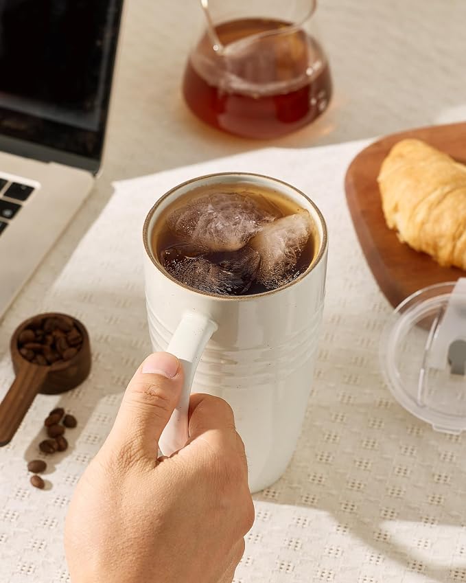 famiware Jupiter Large Coffee Mug, 20oz Coffee Mug with Lid, Ceramic Mugs Set of 4, Cup Set with Handle for Latte, Tea, Cocoa, Milk, Home & Office, Microwave and Dishwasher Safe, Vanilla White