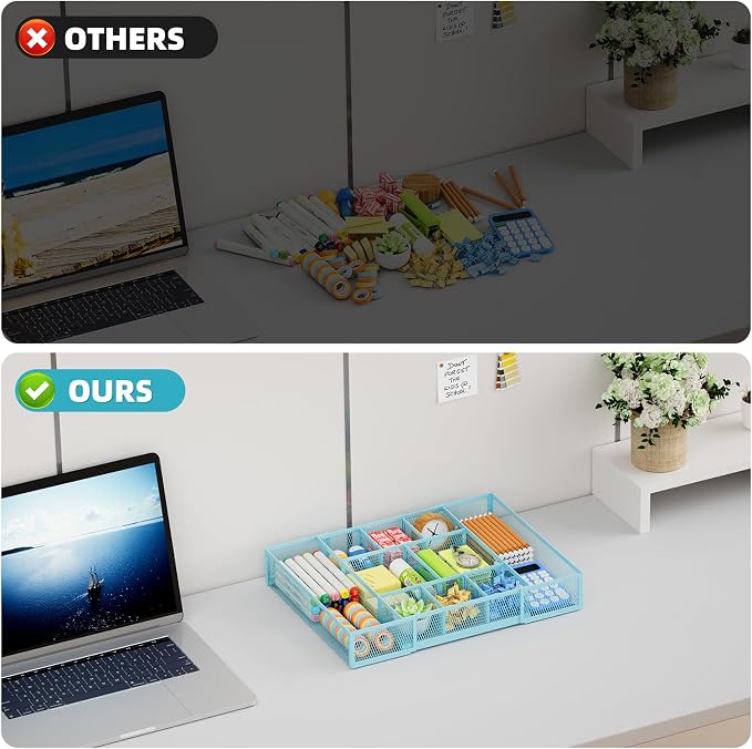 Marbrasse Expandable Desk Drawer Organizer, Mesh Drawer Organizer Tray with 10 Adjustable Compartments, Desk Organizers and Accessories for Office Supplies, Makeup & Vanity (Expandable-Blue)