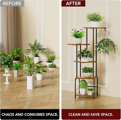 Plant Stand Indoor with Grow Light, 5-Tiered Tall Plant Stand Indoor, Metal Plant Shelf with Hanging Basket Hook and Adjustable Light, Ideal for Living Room, Garden, Patio (Black Brown)