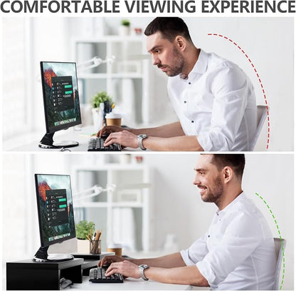 TAVR Monitor Stand Riser, Office Desktop Organizer Stand for 2 Monitors | Adjustable Length and Angle 3 Shelf, Extra Long Multifunctional Wooden Stand up to 43.3" fit Computer, Laptop, TV, Black