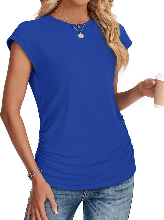 Sampeel Womens Summer Tops Trendy 2026 Ruched Cap Short Sleeve Tshirts Shirts Crew Neck T Shirts Fashion