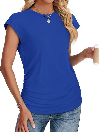 Sampeel Womens Summer Tops Trendy 2026 Ruched Cap Short Sleeve Tshirts Shirts Crew Neck T Shirts Fashion
