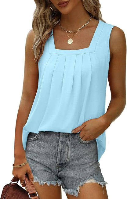 Saloogoe Summer Tank Tops for Women Loose Fit Pleated Square Neck Sleeveless Tops Curved Hem Flowy
