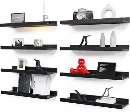 RICHER HOUSE 8-Set Floating Shelves with Lip, Black Wall Mounted Wood Shelf | Display Picture Ledge Shelf, Anti-drop lip Shelf for Room Wall Decor, Bedroom Bathroom Storage Nursery Hanging Book Shelves