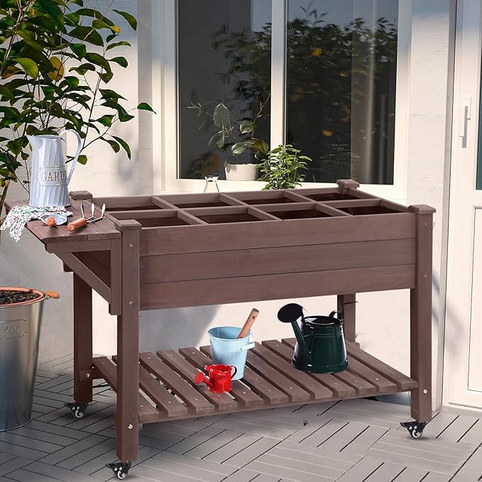 Aivituvin Raised Garden Bed on Wheels, Elevated Plant Boxes Outdoor Large with Grow Grid - with Large Storage Shelf 52.7" x 22" x 30"
