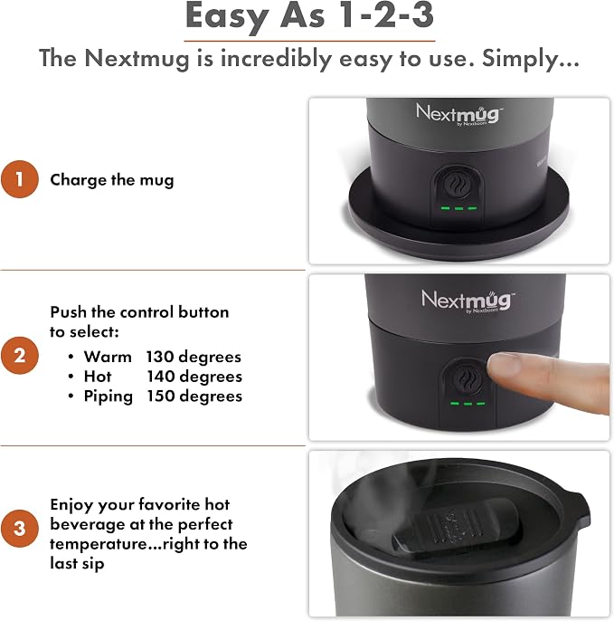 Nextmug Go - Temperature-Controlled, Self-Heating Travel Mug | (Black - 16 oz.) – No App, Long-Lasting Battery for Work & Study, Great Gift for Coffee Lovers