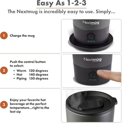 Nextmug Go - Temperature-Controlled, Self-Heating Travel Mug | (Black - 16 oz.) – No App, Long-Lasting Battery for Work & Study, Great Gift for Coffee Lovers