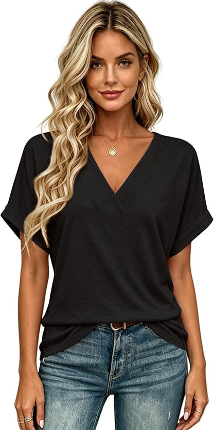 T Shirts Short Sleeve V Neck Tees Womens Tops Beach Vacation Fashion Clothes 2026 Casual Summer Spring Fall Outfits