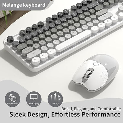 Creamy Wireless Keyboard and Mouse, MOFII 104 Round Keycaps Retro Typewriter with OTG & Brush, Full-Size Ergonomic, Ideal for Windows PC, Home, Office and College Gray White