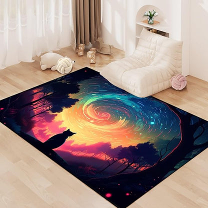 Moon Black Cat Rug - Mystical Stary Night Cat Rug for Kids Bedroom Colorful Black Cat Rug Decor Room Cat Door Mats Outdoor Entrance, 5x7 Feet