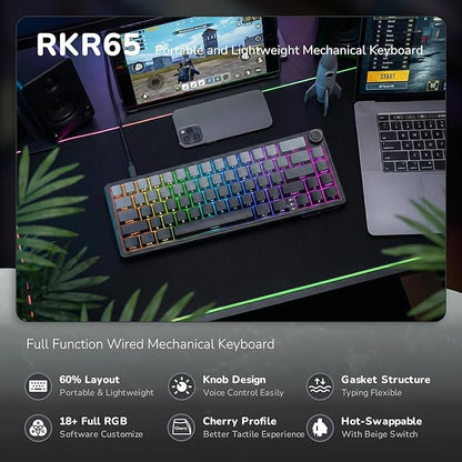 RK ROYAL KLUDGE R65 Wired Gaming Keyboard with Volume Knob, 60% Percent RGB Backlit Mechanical Keyboard, Side Printed PBT Keycaps, QMK/VIA, 66 Keys Hot Swappable Beige Switch, Gradient Black