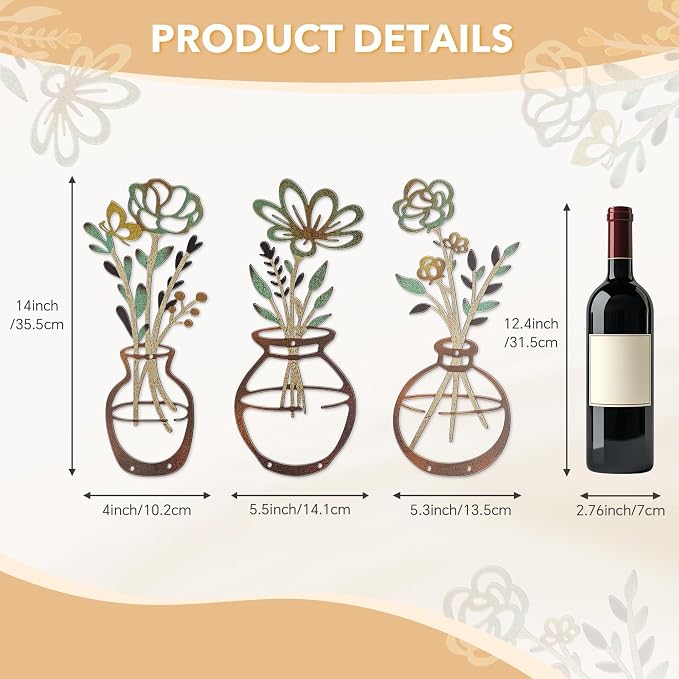Mcdagogn 3 Pieces Metal Flowers Wall Decor - Rustic Farmhouse Wall Arts, Boho floral Minimalist Wall Decor for Living room Bathroom Bedroom laundry Room Kitchen Office - Housewarming Gifts