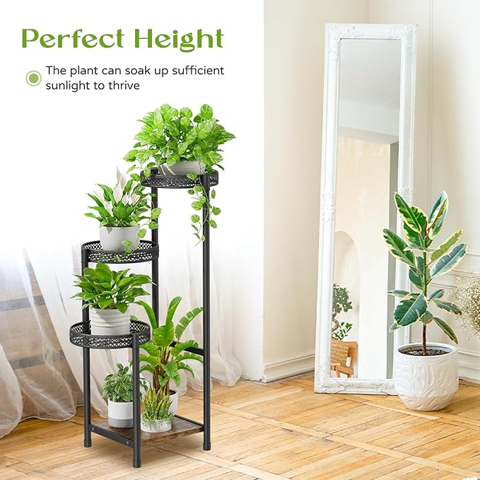 Plant Stand Indoor Outdoor, 4 Tier Metal Flower Pot Shelf Holder Clearance, Tall Corner Rack for Multiple Plants, Modern Organizer Display for Patio Orchid Office Porch Living Room Garden, Black