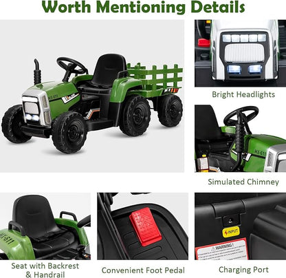 HONEY JOY Ride On Tractor with Trailer, Toddler 3-Gear-Shift Ground Loader, LED Lights, Horn, Music, 12V Battery Powered Electric Toy Tractor with Remote Control(Dark Green)