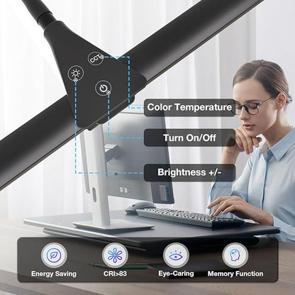 LED Desk Lamp for Home Office,Bright Double Head Desk Lamp with Clamp,Dimmable 5 Color Modes Desk Lighting,12W Eye-Caring Architect Table Lamp for Workbench,Monitor,Reading,Study,1400lm