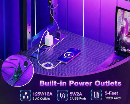 ODK 61" L Shaped Gaming Computer Desk with Shelves, LED & Outlets, Black | Headset hook. Storage bag. Shelves for books & supplies. LED for gaming nights. Reversible. Room for multiple monitors.