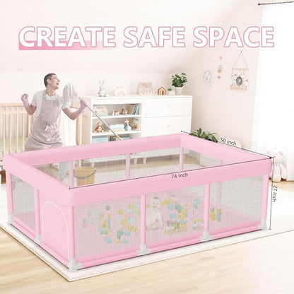 Hiaksedt Large Baby Playpen 74"x50", Baby Girl Play Pen for Babies and Toddlers Pink, Safe Structure and Soft, Skin-Friendly Fabric with Zipper Gates