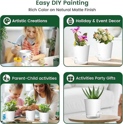 4 inch Self Watering Pots for Indoor Plants, 5 Pack Small Flower Plant Pots with Drainage Holes and Clear Reservoirs, Visible Water Level, Plastic Planters with Wicking Rope, White