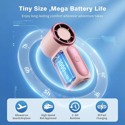 Portable Handheld Mini Fan, Mini Portable Fan with 6 Speeds, 16920 RPM Turbo High Speed Airflow, USB Rechargeable Small Personal Fan with LED Display, Pocket Hand Fan for Travel Makeup Outdoor Office