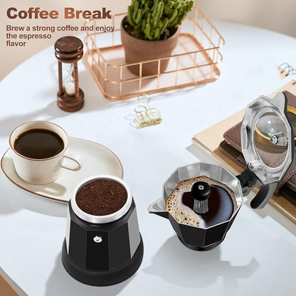 Electric Aluminum Moka Pot 3-6 Cup 150-270ml Espresso Maker | with Detachable Base Ideal Coffee Makers for Home MochaPot Italian and Cuban Café Coffeemaker Espressomaker CoffeePot Black