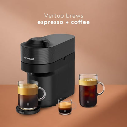 Nespresso Vertuo Pop+ Iced Coffee & Espresso Maker Bundle by De'Longhi | Iced Coffee Bundle by De'Longhi in Liquorice Black: 10 iced coffee pods, 10 Melozio pods and a travel tumbler included.