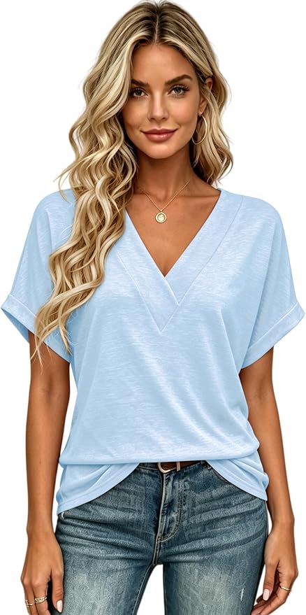 T Shirts Short Sleeve V Neck Tees Womens Tops Beach Vacation Fashion Clothes 2026 Casual Summer Spring Fall Outfits