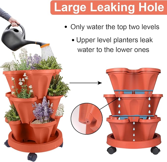 DUNCHATY Stackable Planters 3 Tier Vertical Garden Planting Tower Planters Strawberry, Herb, Flower, and Vegetable Planter Indoor Outdoor Gardening Pots with Removable Wheels and Tools, 2 Bundle