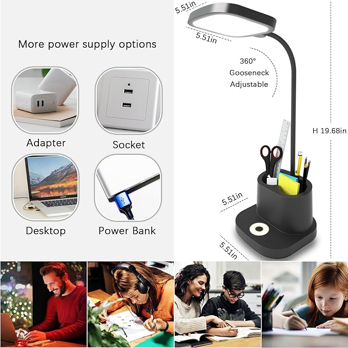 LED Desk Lamp for Home Office with USB Charging Port, Rechargeable Powered Table Lamp Battery Operated Cordless Reading Lamp, Pen Holder, 3 Way Dimmable, Bright, Tall, Flexible, Gooseneck, Black