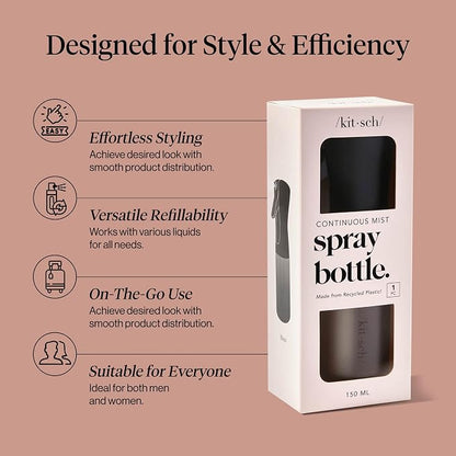 Kitsch Continuous Spray Bottle for Hair – Black, 150ml | Fine Mister Spray Bottle & Water Spray Bottle – Recycled Hair Spray Bottle – Spray Bottles for Cleaning, Styling, & More