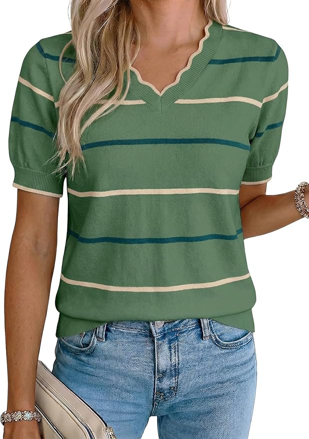 Dokotoo Womens Summer Short Sleeve Knit Tops 2026 Spring Trendy Casual V Neck Striped Sweater Blouses