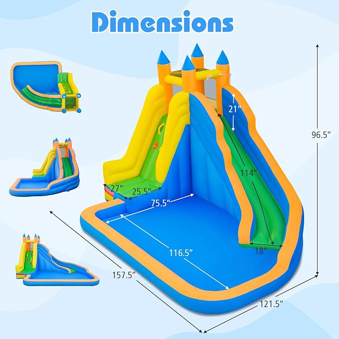 Costzon Inflatable Water Slide, Giant Bouncy Waterslide Park for Kids Backyard Outdoor Fun w/550w Blower, Climbing, Splash Pool, 2-pcs, Blow up Water Slides Inflatables for Kids 3-12 Party Gift