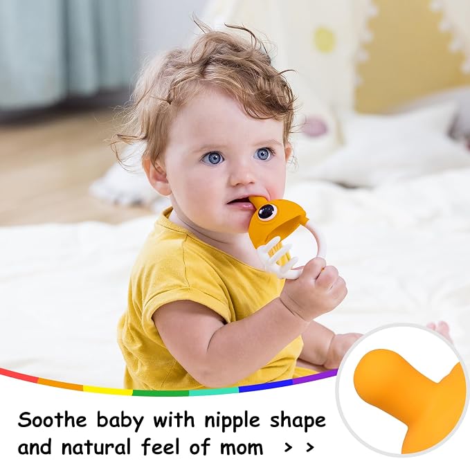 Mombella Clownfish Teethers for Babies 3-6 Months, Baby Teething Toys 6-12 Months with Lanyard to Attach on, Silicone Tether with Different Textures to Gnaw, Ergonomic for Little Hands, Saffron