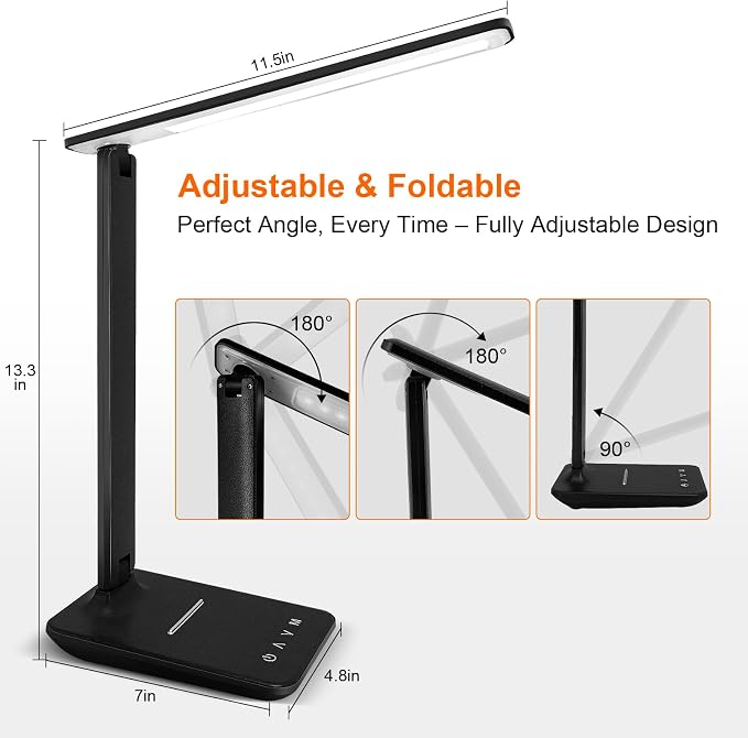 shinelife LED Desk Lamp for Office Home, Bright Desk Light with USB Charging Port, Adjustable Dimmable Desk Lamps 5 Modes 5 Brightness, Touch Study Lamp for Nail, Craft, Puzzle, Sewing, Study, Black