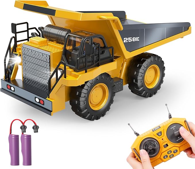 RC Dump Truck Toy for Boys, Remote Control Play Truck Construction Vehicles, 9CH 2.4Ghz Electric Trucks with Metal Bed & Light, 2 Rechargeable Batteries RC Car Toys Kids 3-12 Year Old Birthday Gifts