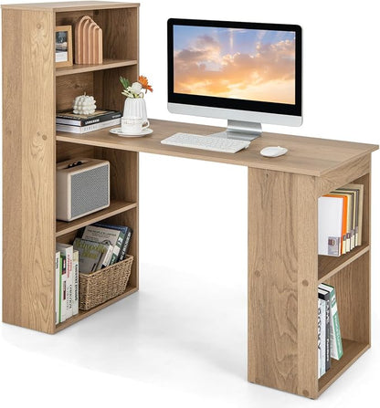 Giantex 48 Inch Computer Desk with Bookshelf, 3-in-1 Home Office Desk with 4-Tier Bookcase & CPU Stand, Space-Saving Reversible Writing Desk Work Table for Bedroom, Study Room, Office (Natural)