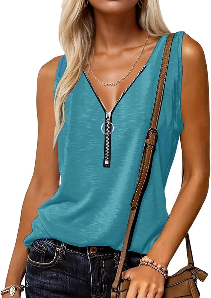 Halife Womens Half Zip V Neck Tank Tops Summer Sleeveless Shirts Casual Loose Top Blouses T Shirts