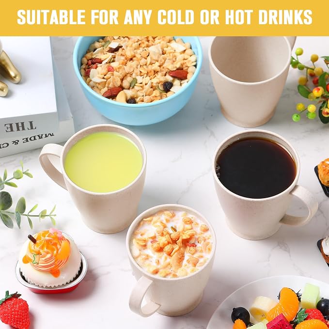Zopeal 16 Pack Wheat Straw Plastic Coffee Cups Mugs 10 Oz Reusable Plastic Cup Mug with Handle Lightweight Microwavable Dishwasher Safe Unbreakable for Tea Milk Water Juice Coffee (Nordic Beige)