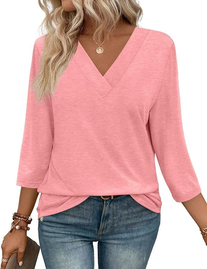 WIHOLL Womens Tops 3/4 Length Sleeve V Neck Casual Tunic Tops Basic Shirts Loose Fit Blouse