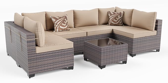 Kullavik 7 Pieces Outdoor Patio Furniture Set PE Wicker Rattan Sectional Sofa Patio Conversation Sets,Sand