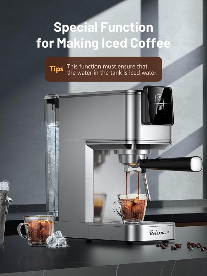 RELEXNOW Espresso Machine, 20 Bar Espresso Maker Milk Frother & LCD Panel, Hot & Iced Coffee Machine, Stainless Steel Espresso Coffee Machine with 41oz Water Tank for Cappuccino, Latte