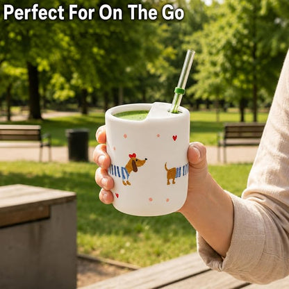 Ceramic Travel Coffee Mug 12 OZ, Cute Dachshund Pattern Coffee Cup, Handmade Style Ceramic Coffee Mug with Sip Hole for Women Men, Office Home Kitchen Gift