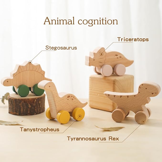 Wooden Dinosaur Cars Montessori Toys for Babies Baby Push Car Toys Wooden Toy Vehicles Development and Infant Grasping Montessori Toys(3PCS)