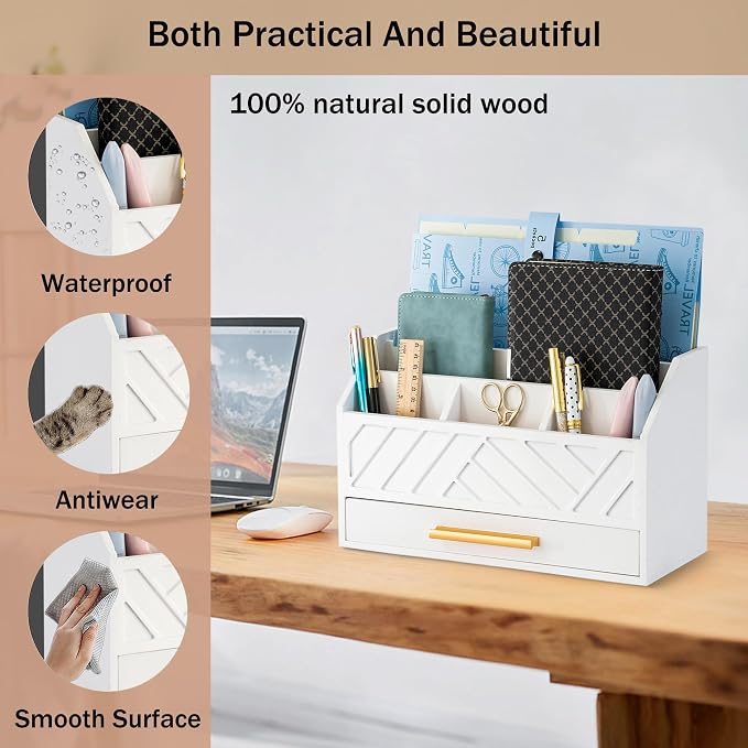 dreampossible white Wood Desk Organizer and Accessories with Drawer, Bill Mail Organizer and File Mail Holder for Office Supplies, Modern Desk Accessories & Workspace Organizers for Desk Organization