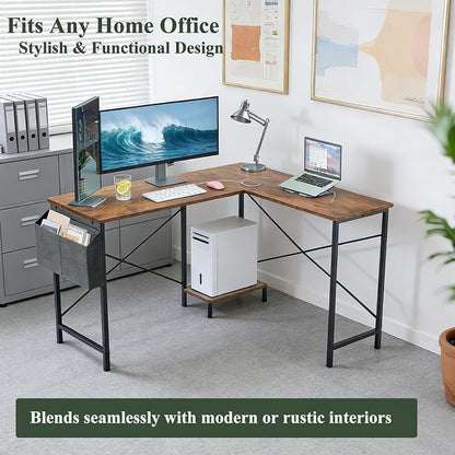 L Shaped Desk Computer Desk, 50inch Brown Gaming Desk with CPU Stand | Reversible Corner Desk, Storage Bag, Sturdy Metal Frame, Student Study Writing Table for Home Office