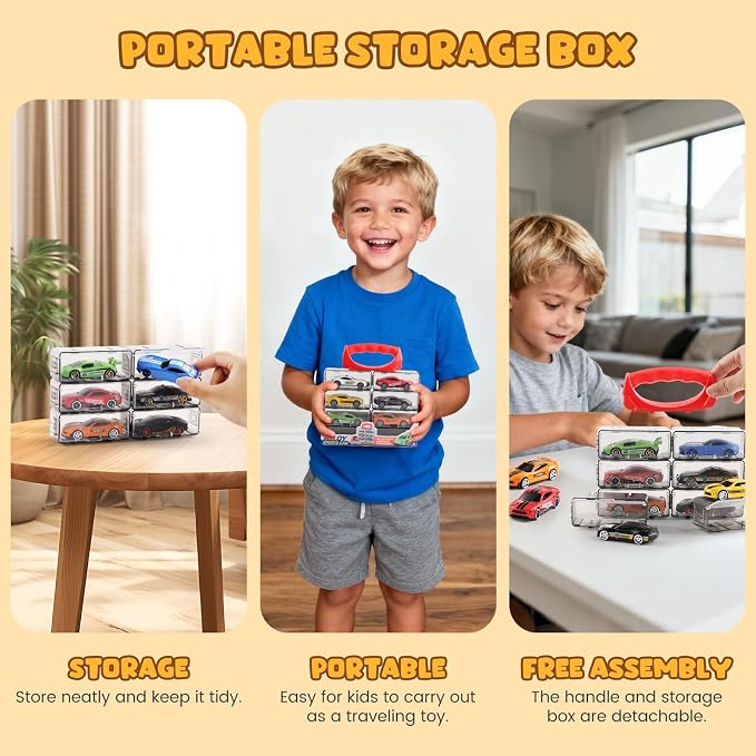 Die Cast Pull Back Toy Cars, 4 Pack 1:64 Mini Cars with (Big) | 4 pull-back die-cast mini cars with a portable storage case for racing, collecting, sharing, and travel play.